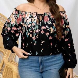 Shein Black Floral Print Off Shoulder Blouse 3X